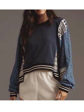 Anthropologie Pilcro Mixed Media Pullover Sweatshirt Knit Mix Blue Ivory Pattern